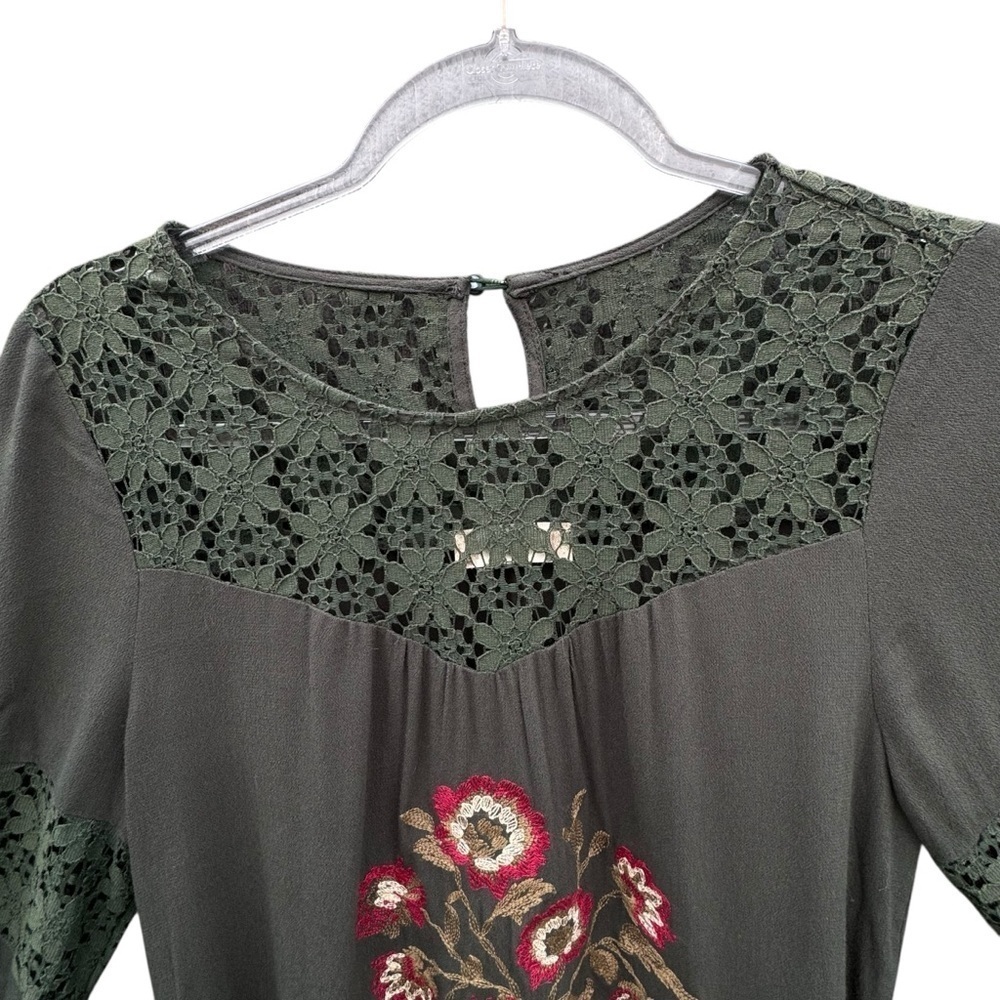 Altar'd State Green Ruffled Embroidered Tunic 3/4 sleeve - Picture 4 of 16